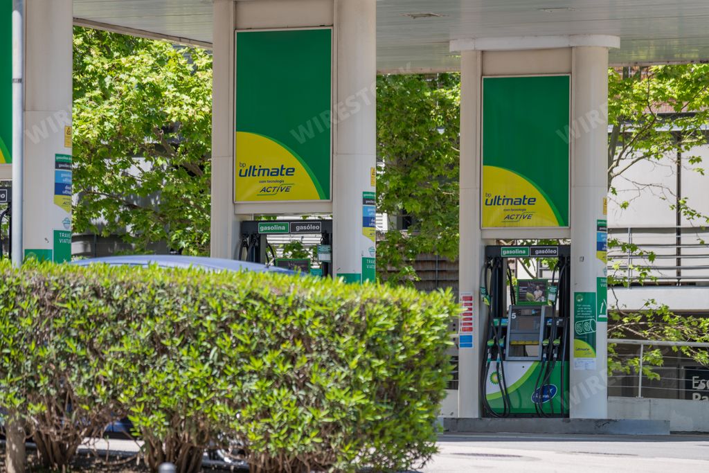 The BP petrol station with green and yellow design. Lisbon, Portugal