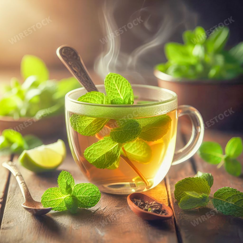 An AI generated illustration of mint tea with fresh mint leaves in a cup