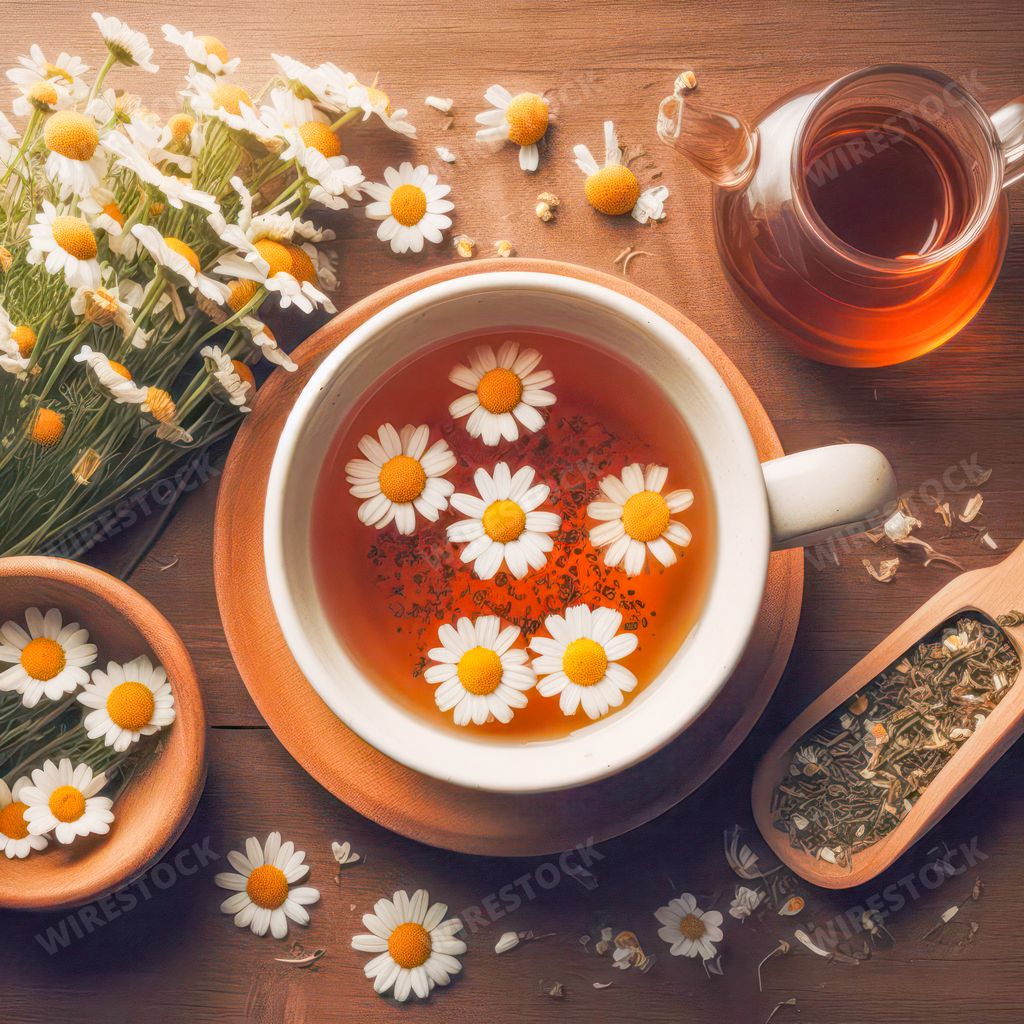 An AI generated illustration of a cup of chamomile tea on a wooden table