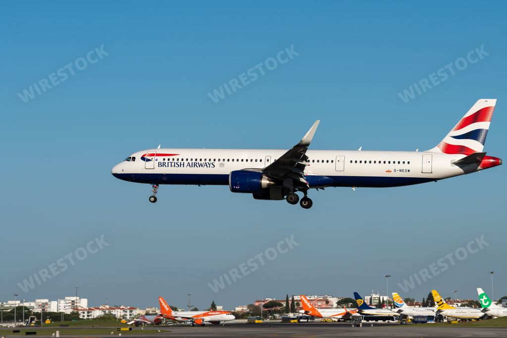 The British Airways Airbus A321-251NX plane landing at Lisbon airport