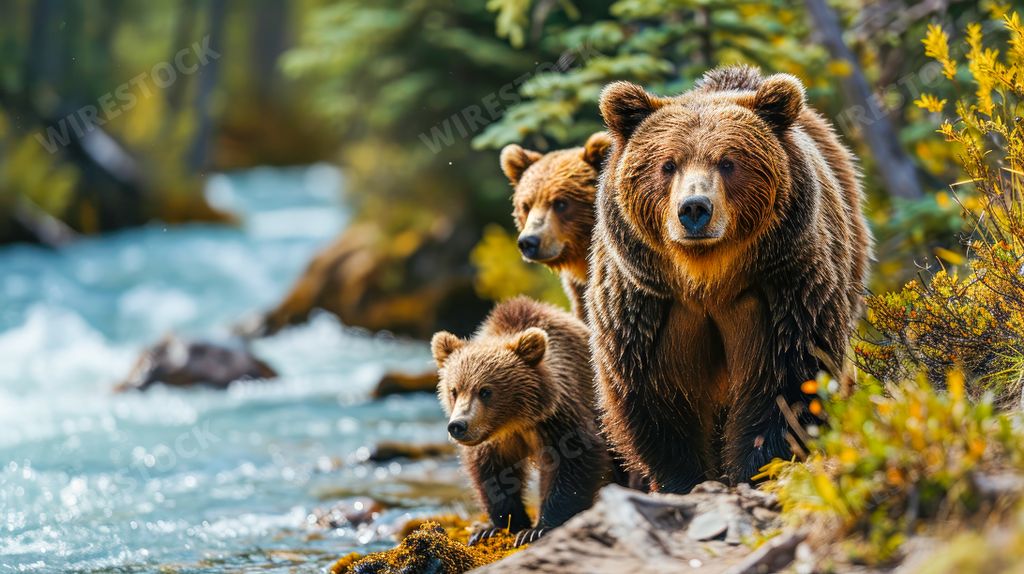 An AI generated illustration of a bear with cubs walking on the river bank, looking concentrated, animals concept