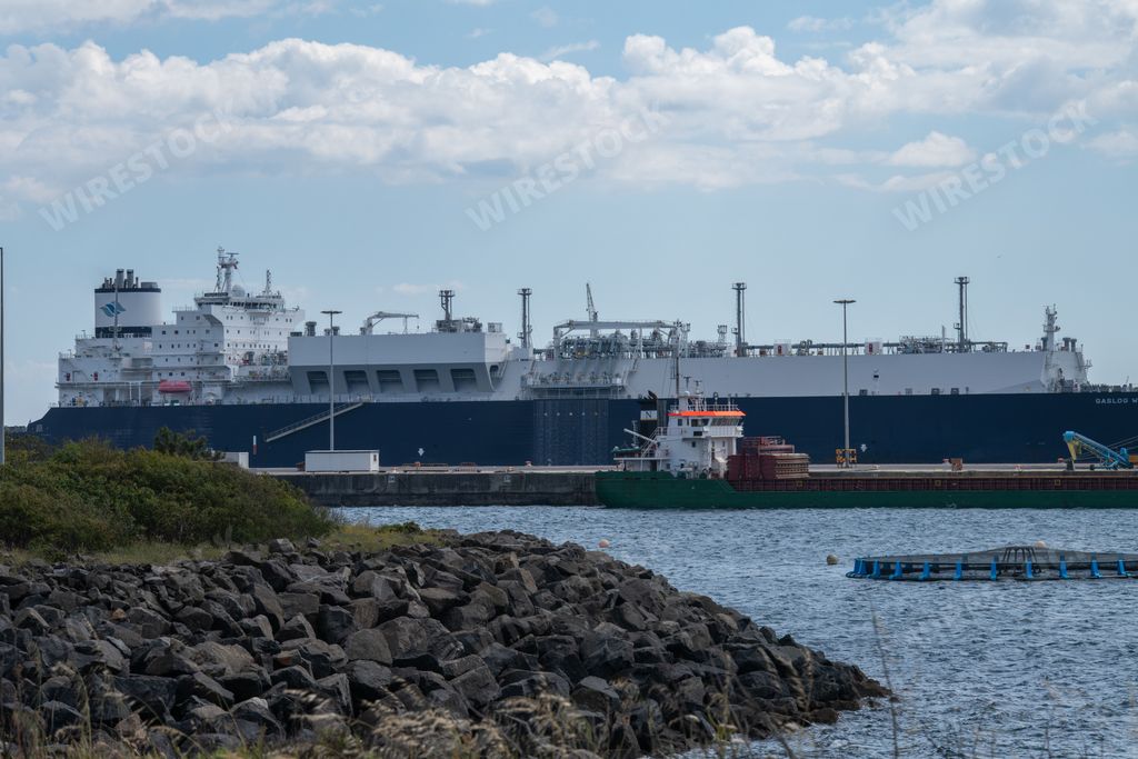 A high angle shot of a Gaslog Warsaw ship moored in a harbor in Sines, Portugal