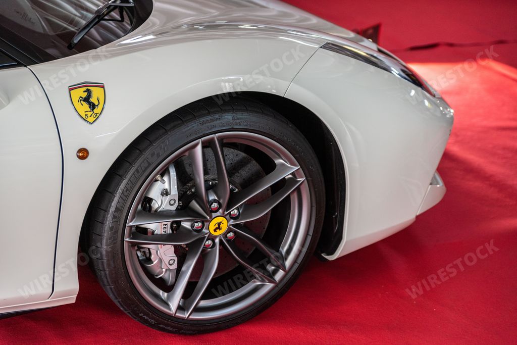 A closeup front panel shot of a white Ferrari 488 GTB in Torres Novas, Portugal