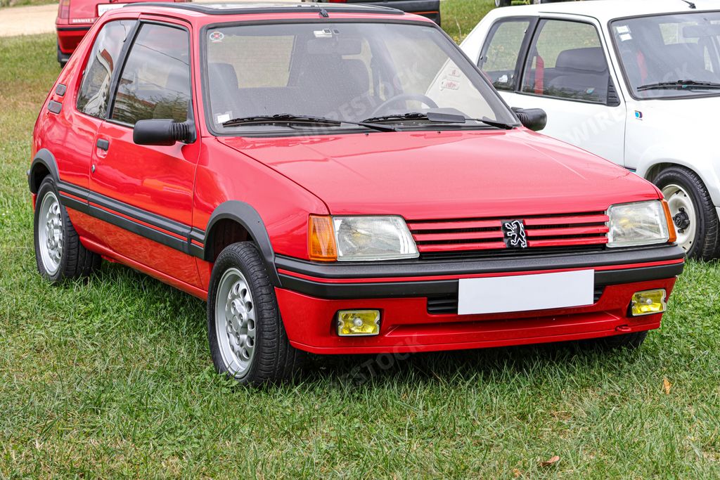 A classic red sports car Peugeot 205 GTi standing on the green grass
