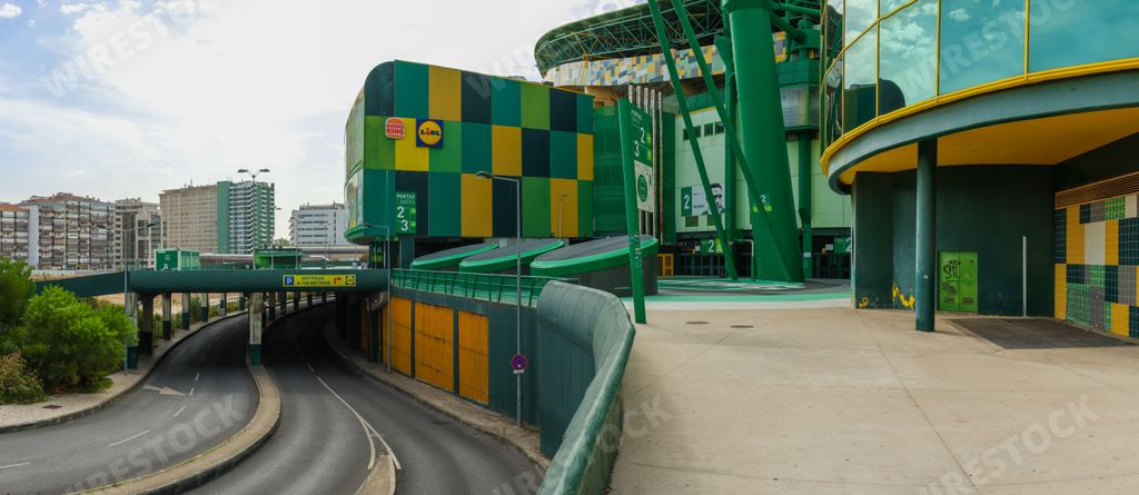 The beautiful green exterior of the Sporting Club de Portugal stadium in Lisbon