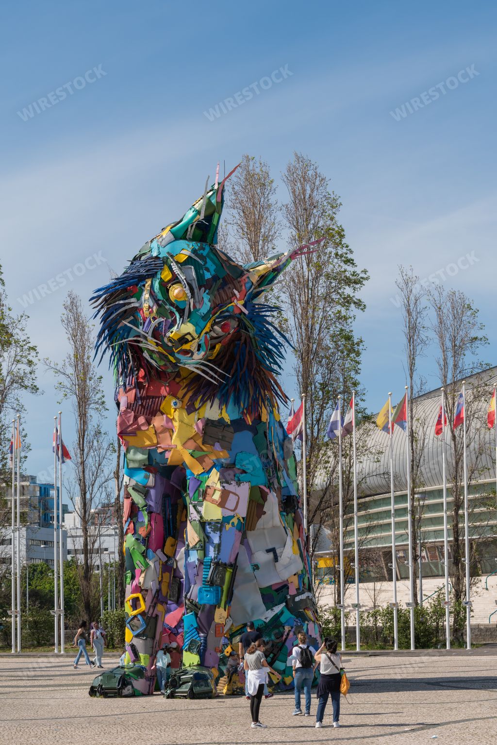 A beautiful shot of a giant colorful Iberian lynx sculpture in Parque das Nacoes by Bordalo II the portuguese urban artist in Lisbon, Portugal
