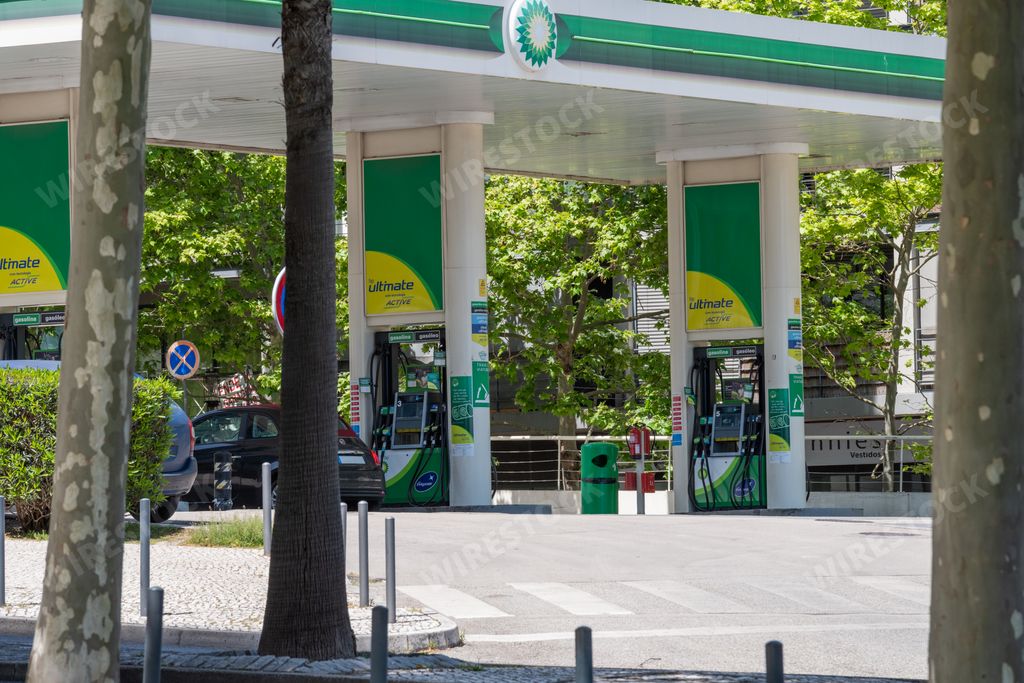 The BP petrol station with green and yellow design. Lisbon, Portugal