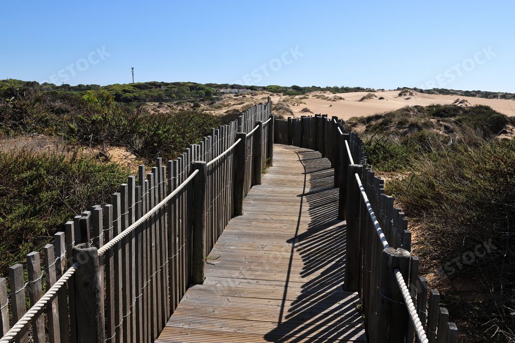 A boardwalk in the Cresmina dunes in Cascais, Portugal