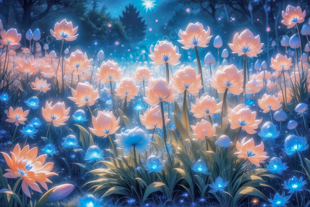 An AI generated illustration of a vibrant landscape of peach fuzz and blue tulips