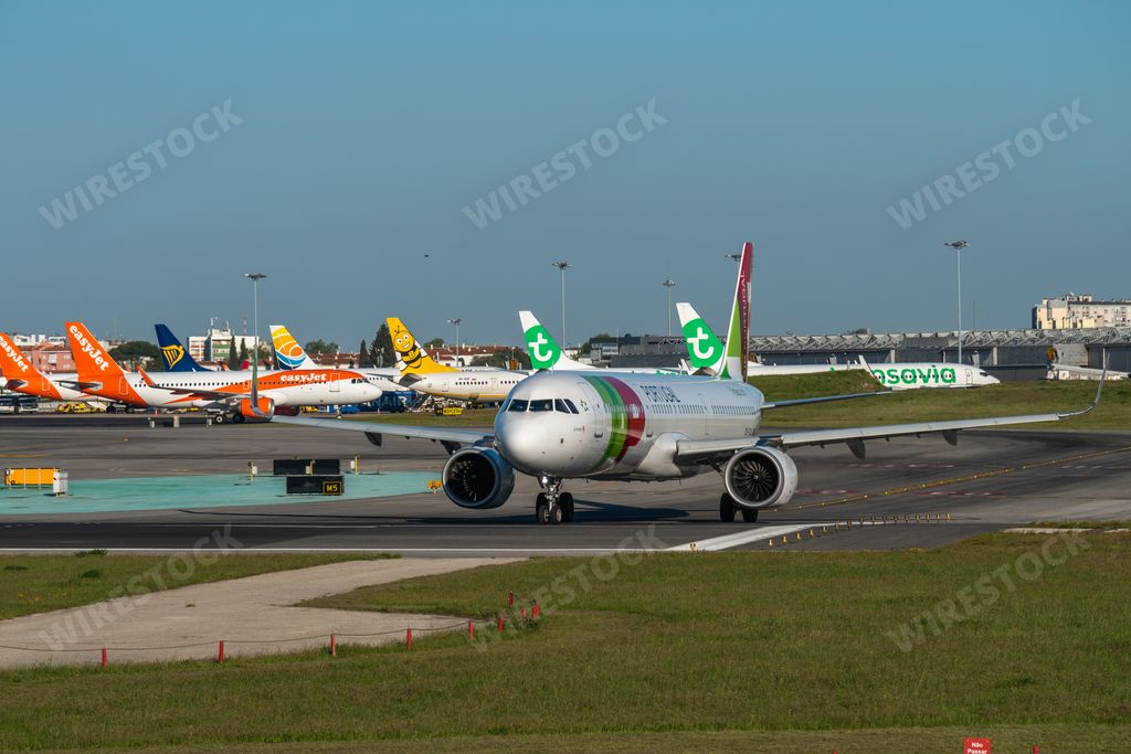 The Plane Airbus A321-251N of the airline TAP Air Portugal awaiting take-off orders at Lisbon airport