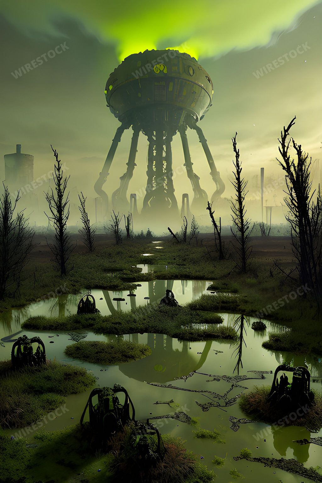 An AI generated illustration of an abandoned factory, emitting a thick green smoke into the air