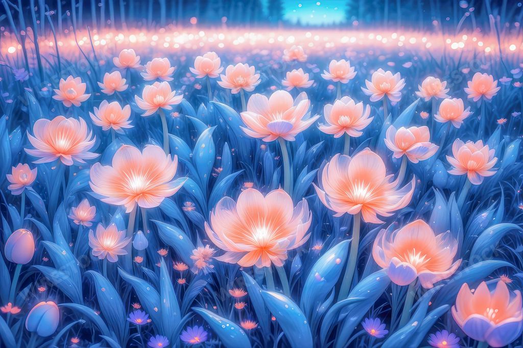 An AI generated illustration of a vibrant landscape of peach fuzz and blue tulips
