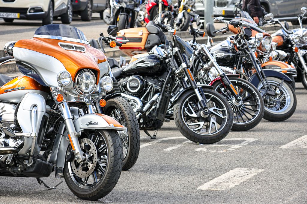 The classic Vespa, Harley Davidson, Famel XF, Piaggio, and Sachs V5 motorcycles on display on a street