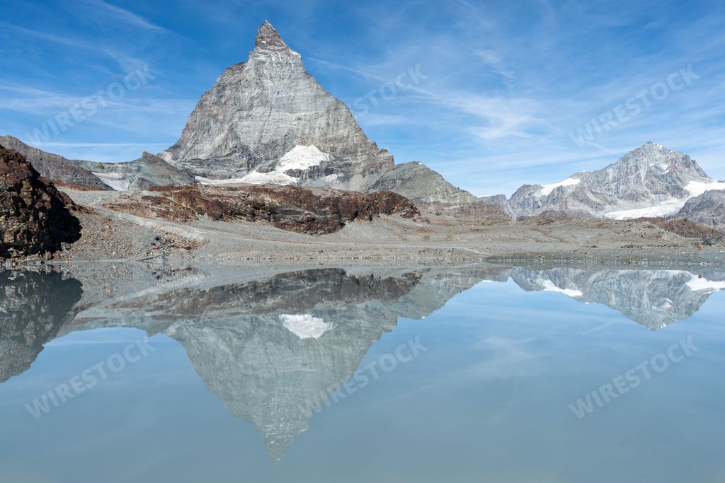 A mesmerizing view of Matterhorn Mountain reflected in the lake in Zermatt, Switzerland