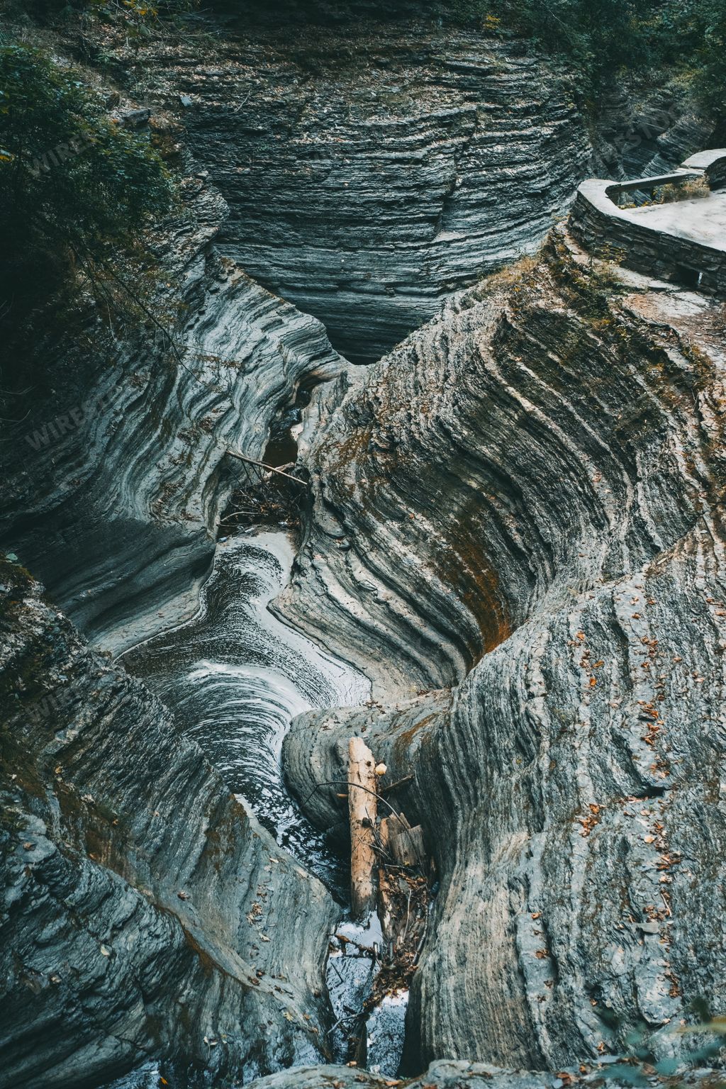 A high angle shot of the Watkins Glen cascade tunnel in State Park in New York