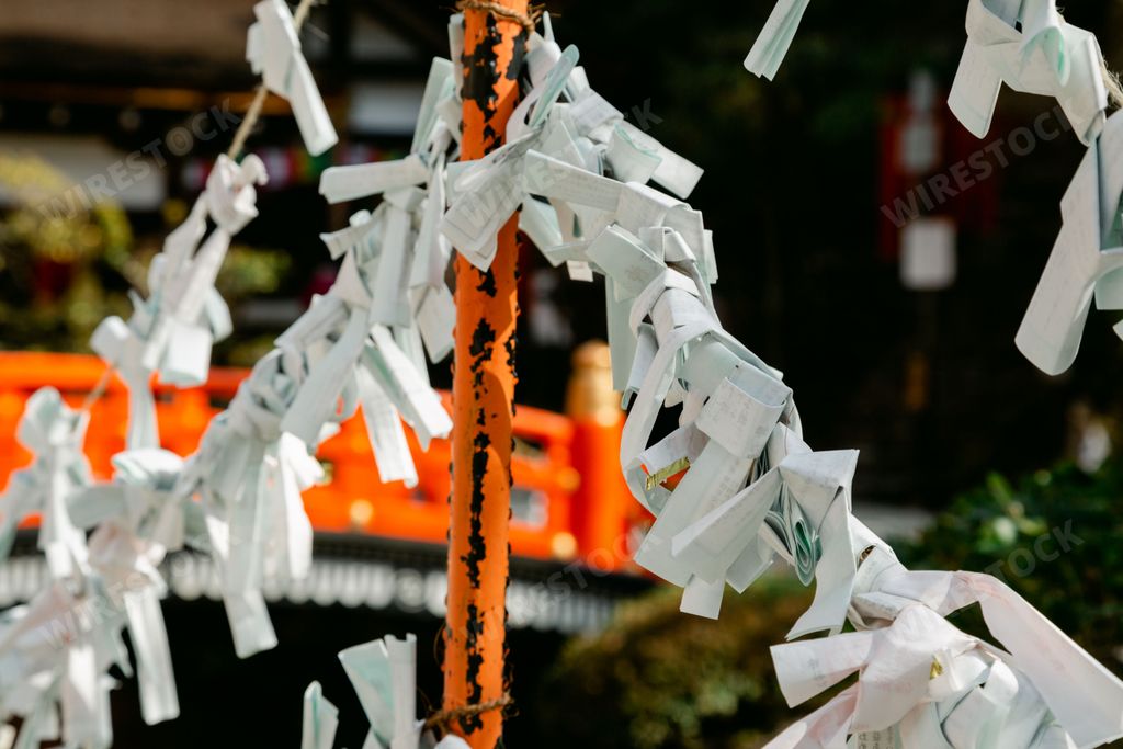 A Japanese wish paper at a shrine temple in Kyoto, Japan
