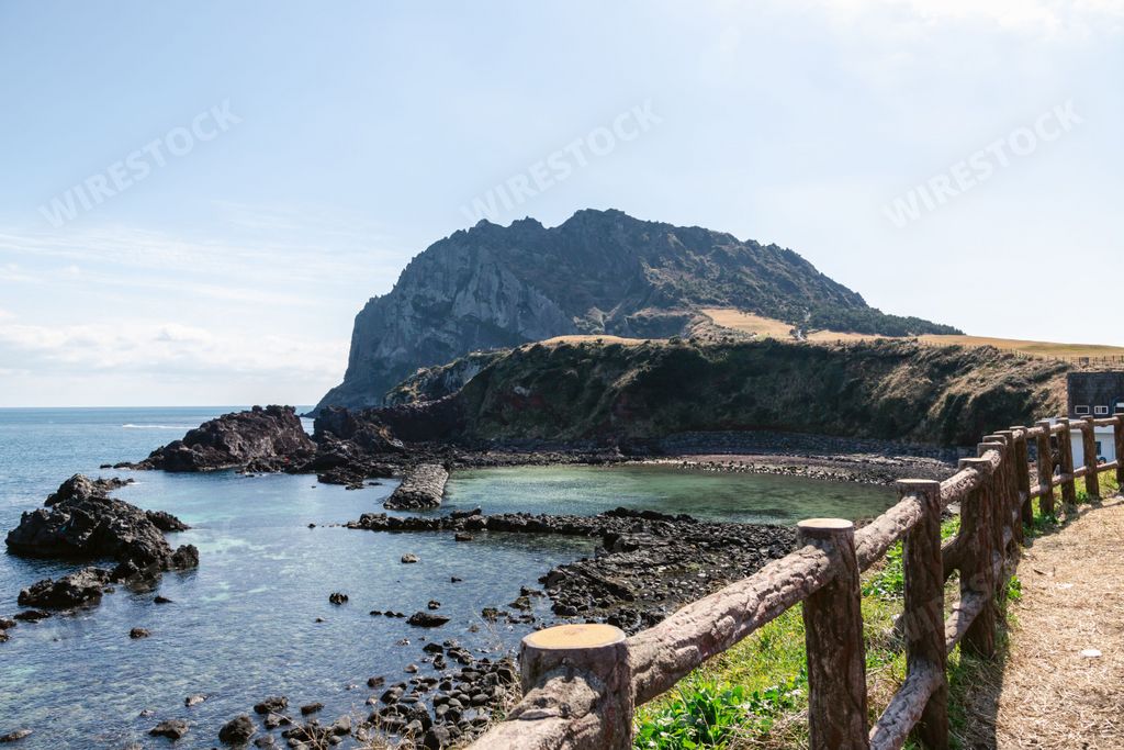 A scenic view of the Sunrise Peak (Seongsan Ilchulbong) volcano in Seogwipo, South Korea
