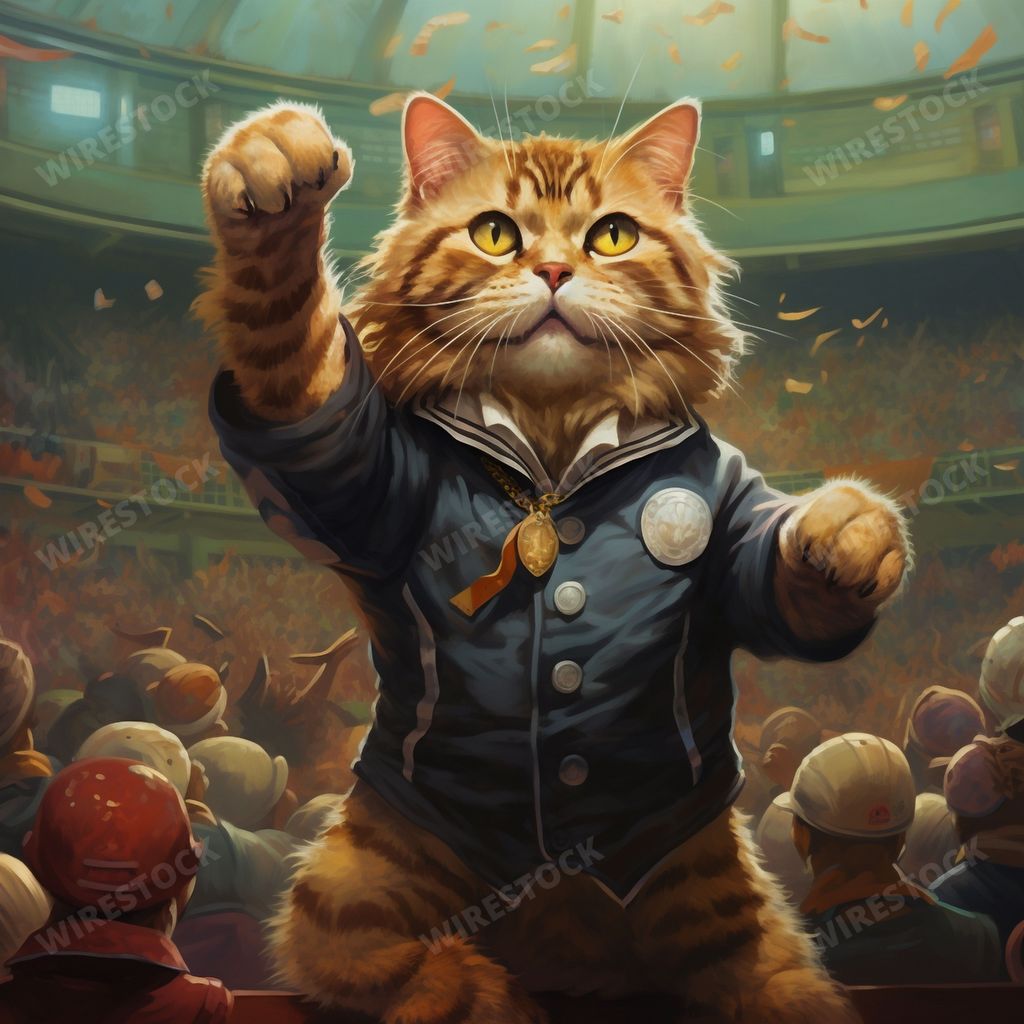 An AI generated illustration of a cat with intense eyes, showing its support for a fighting competition