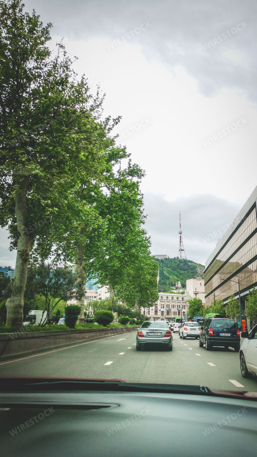A beautiful view from the car in the central streets of Tbilisi.