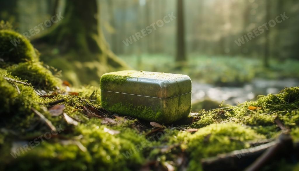 An AI generated illustration of an antique leather suitcase in a sunlit clearing in a forest
