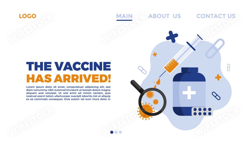 A cartoon illustration of medical instruments with text and title 'THE VACCINE HAS ARRIVED'