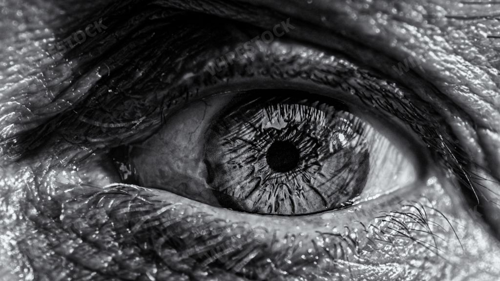 A grayscale  closeup macro shot of the details of a human eye with a small pupil