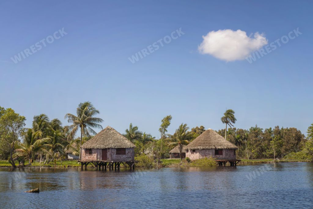 Typical huts and tropical nature on the Zapata Swamp coast in Cuba