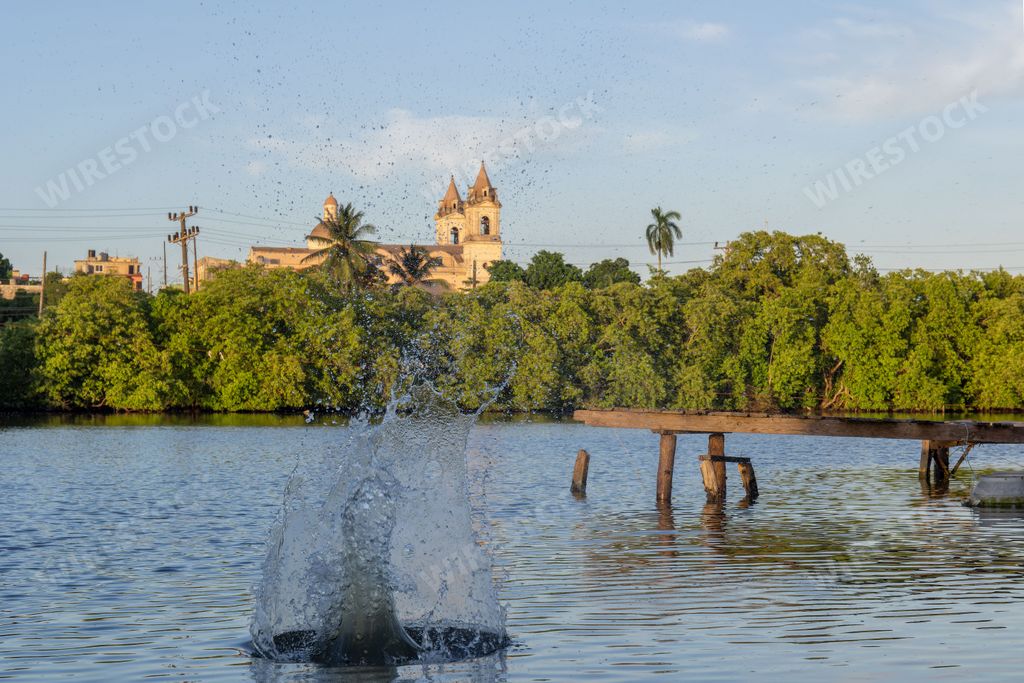 A splash on the river with the background of The Church of San Pedro Apostol of Matanzas behind the trees