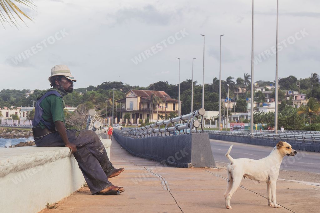 A homeless man sitting on the street with his dog with buildings of Matanzas city in the background, Cuba