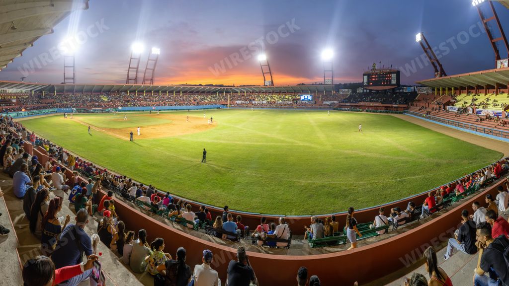 The illuminated stadium for a baseball game in Matanzas, Croatia