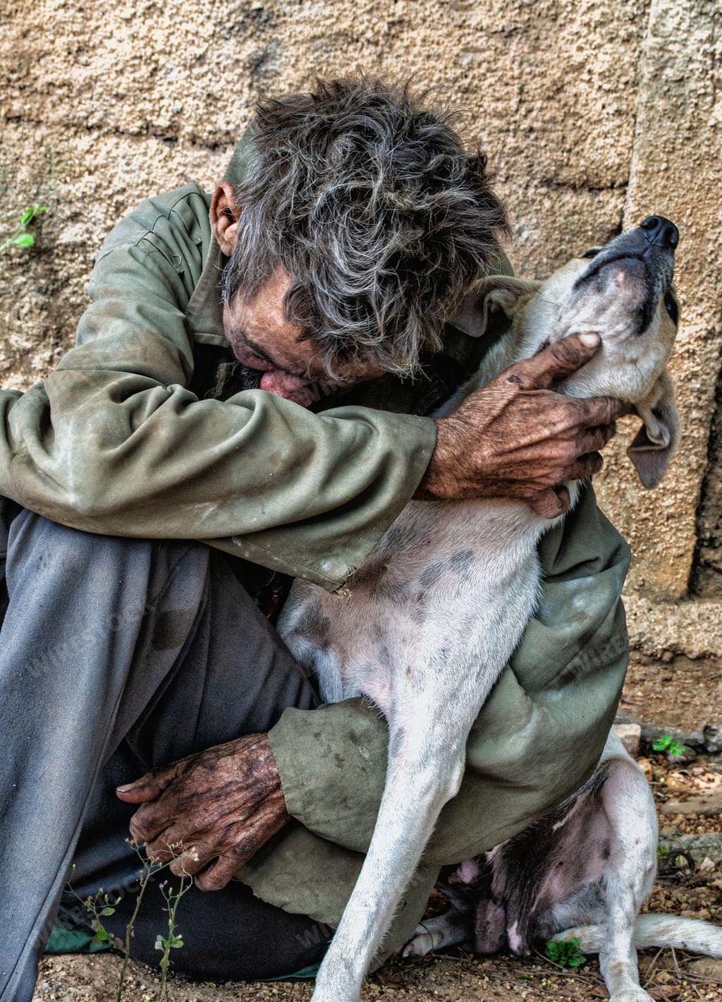 A sad homeless Cuban man sitting in front of a brick wall, embracing a dog