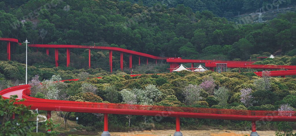 A vibrant red sky trestle bridge stands out in the background of Hongqiao Park in Guangming District, Shenzhen