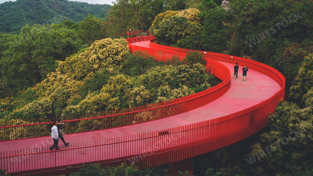 A bright red walkway over Hongqiao Park in Guangming District, Shenzhen