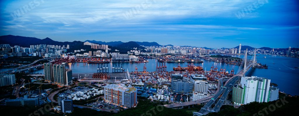 An aerial shot of Hong Kong in the evening