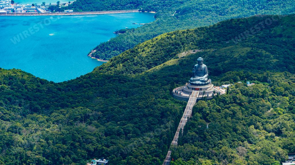 An aerial view of the enormous Tian Tan Buddha at Po Lin Monastery in Hong Kong