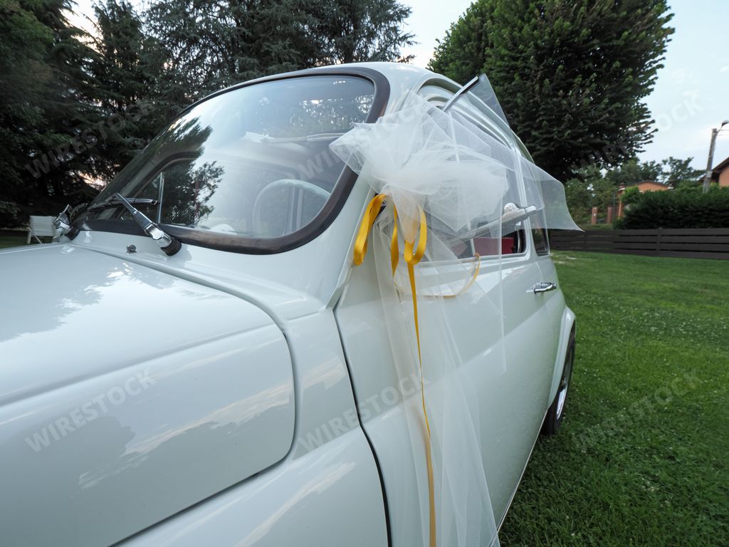 A closeup of an old Italian Fiat 500 car decorated for a wedding at a sunny park