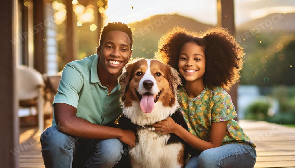 An AI generated illustration of Father, daughter, and dog smiling at camera during sunset