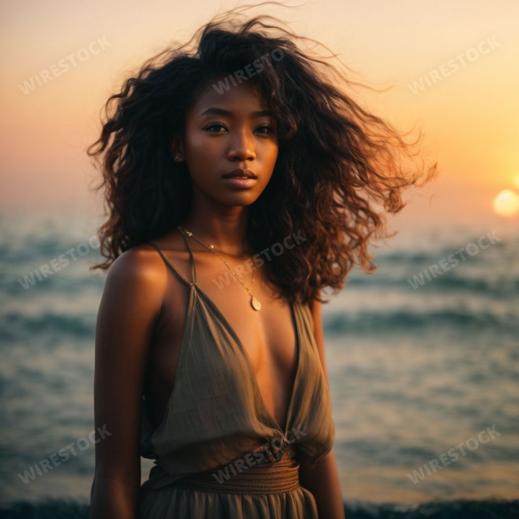 An AI generated illustration of a young African American female in an elegant dress standing at the beach at sunset