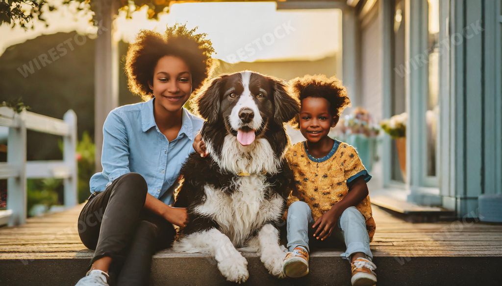 An AI generated illustration of A woman and two children relaxing on the porch with a pet dog