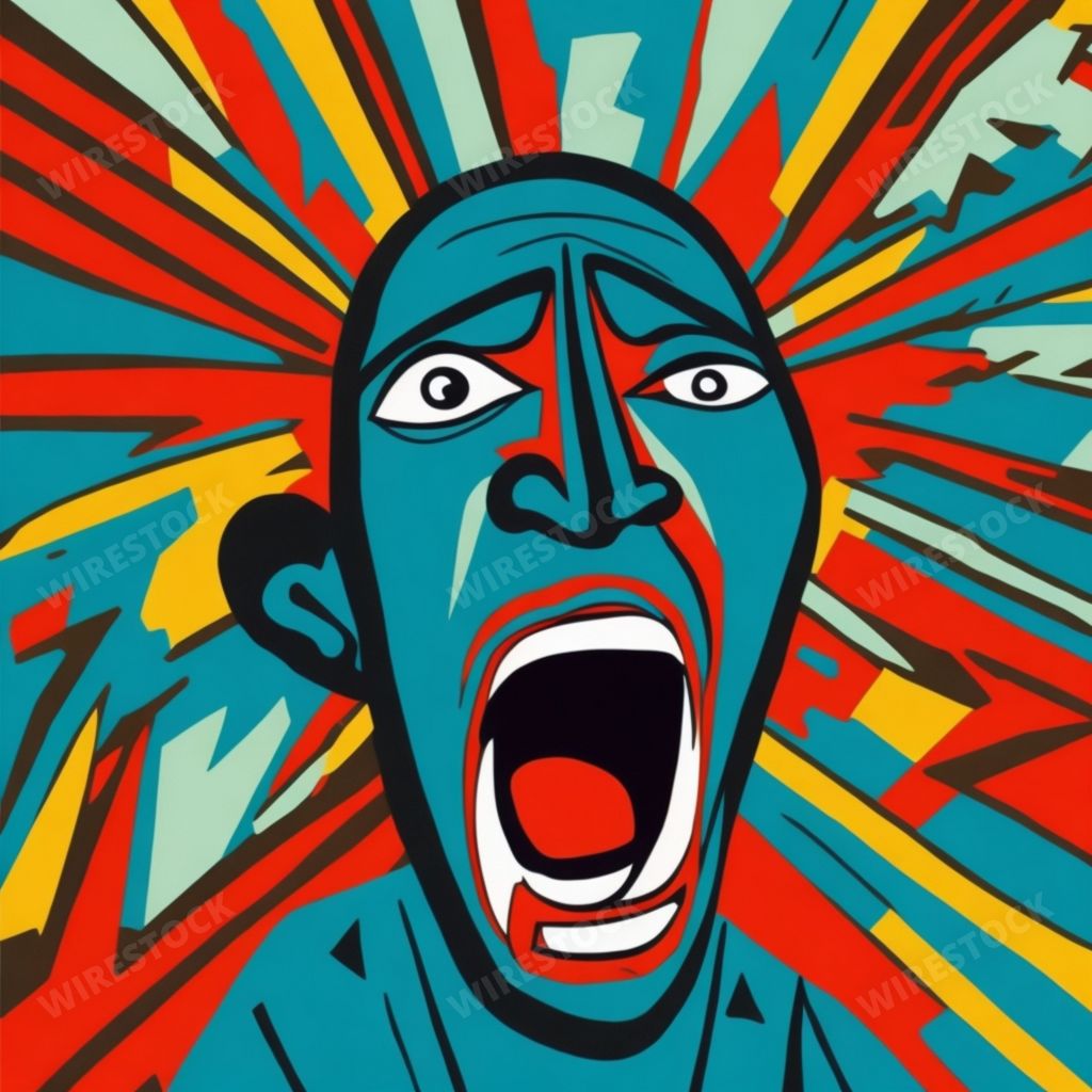 A vibrant painting of a man in a state of distress, featuring a diverse array of hues and intricate patterns, AI-generated.