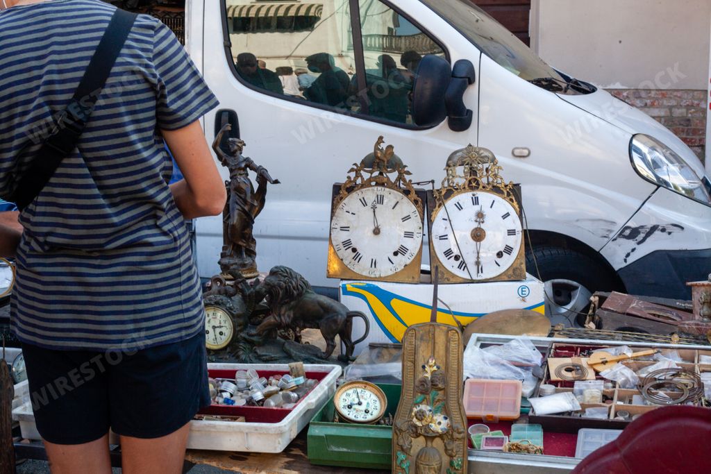 Old antique clocks in an ancient market in Cortemaggiore,Italy.