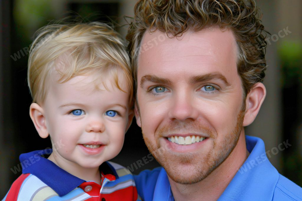 An AI-generated illustration of a smiling father and his young son looking at the camera
