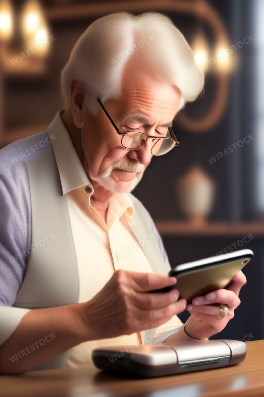 An AI generated illustration of Senior man sitting at desk, staring at mobile phone