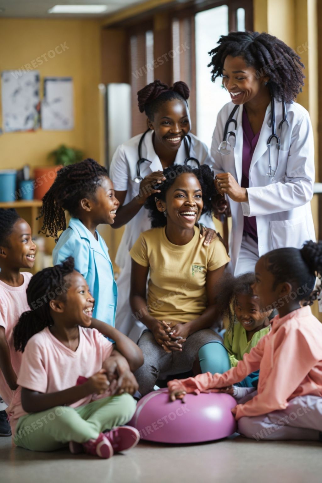 An AI illustration of An AI generated illustration of A young pediatrician is sitting with a group of children on the floor