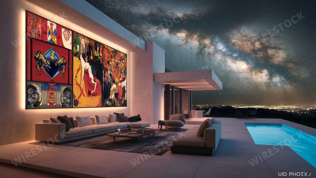 An AI generated illustration of Living room by pool with large painting