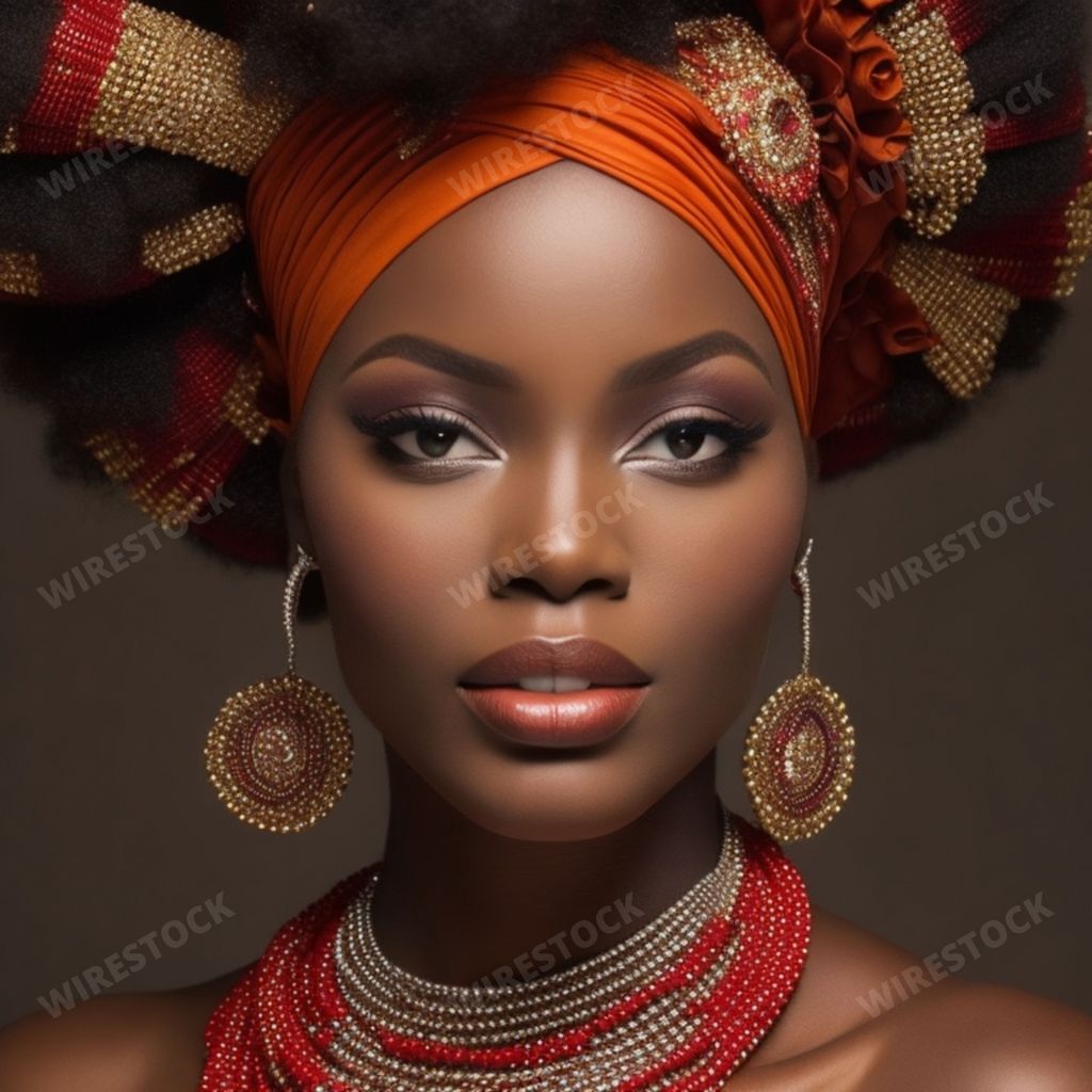 An AI generated illustration of an African woman with an orange turban and earrings