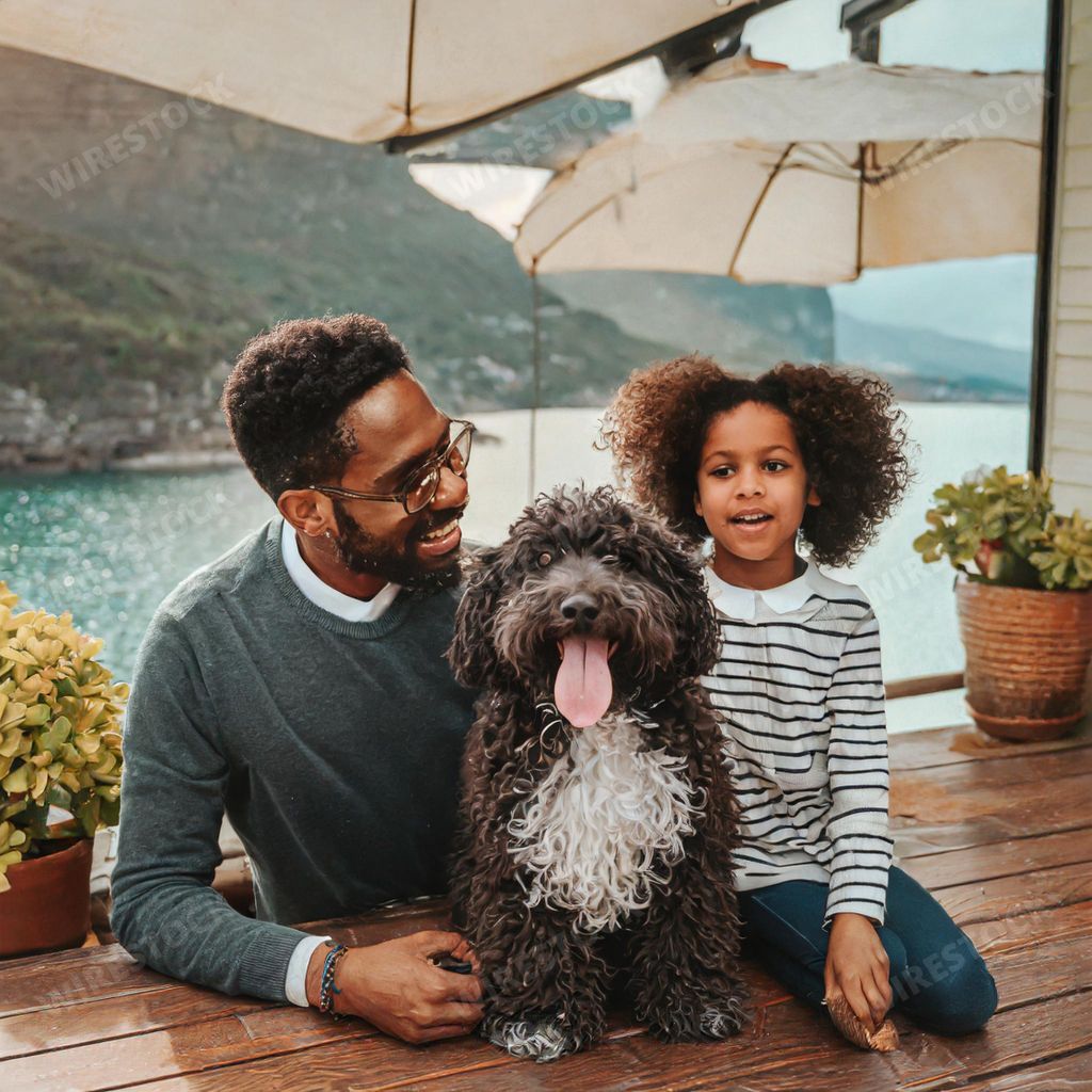 An AI generated illustration of A man and woman sit beside a young girl with a brown dog
