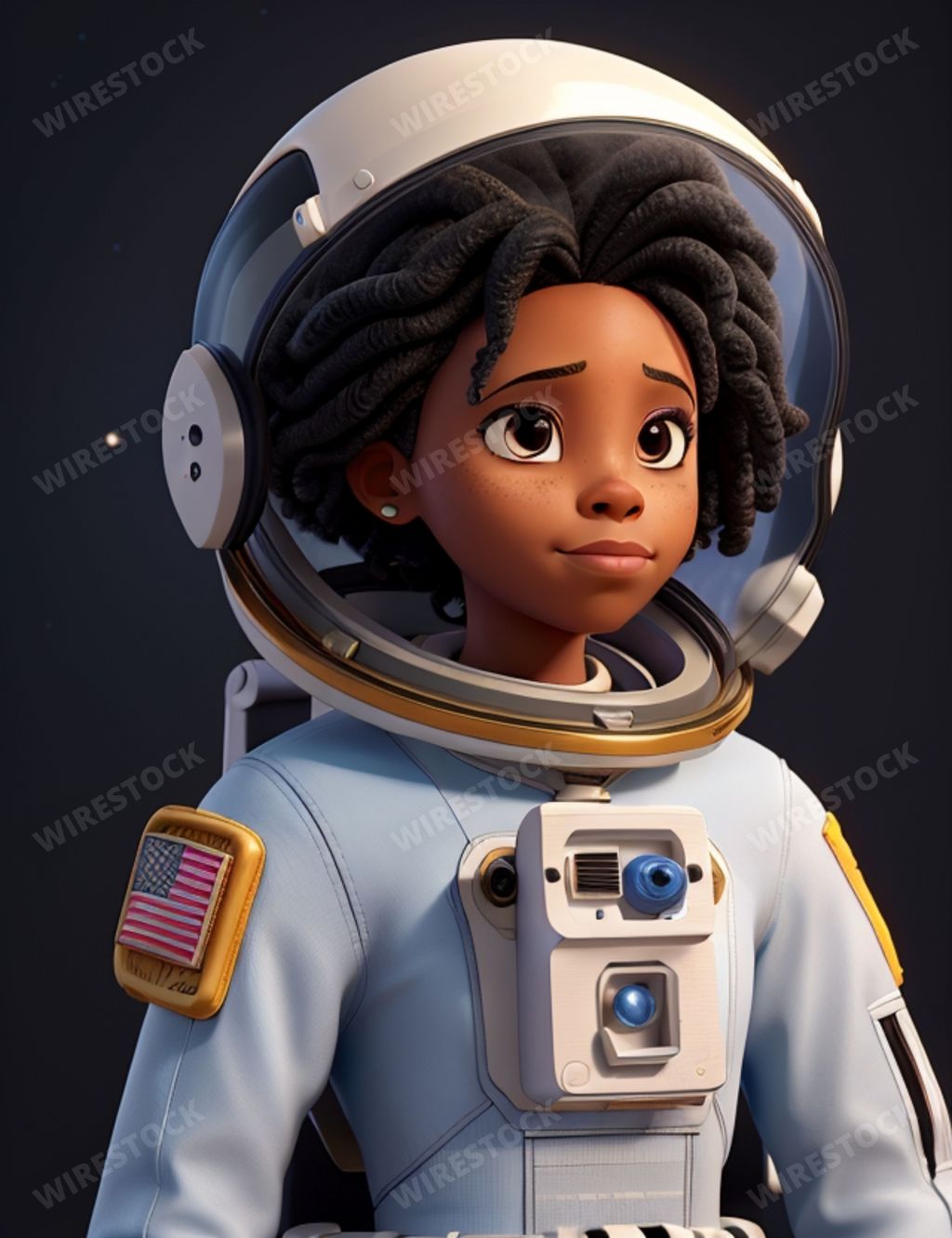 An AI generated illustration of a cartoon female astronaut wearing a space suit