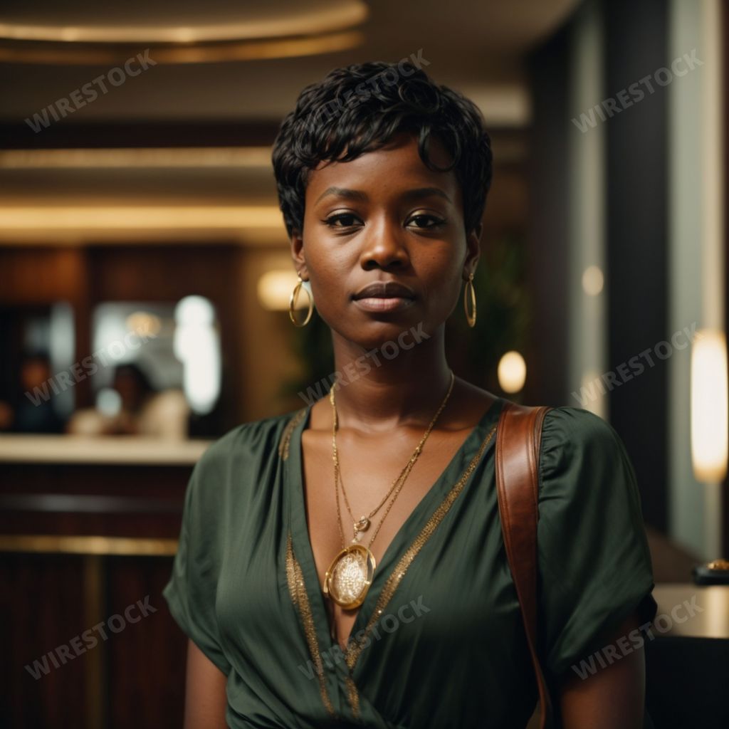 An AI generated illustration of an attractive African American female with short black hair and golden jewelry in a room