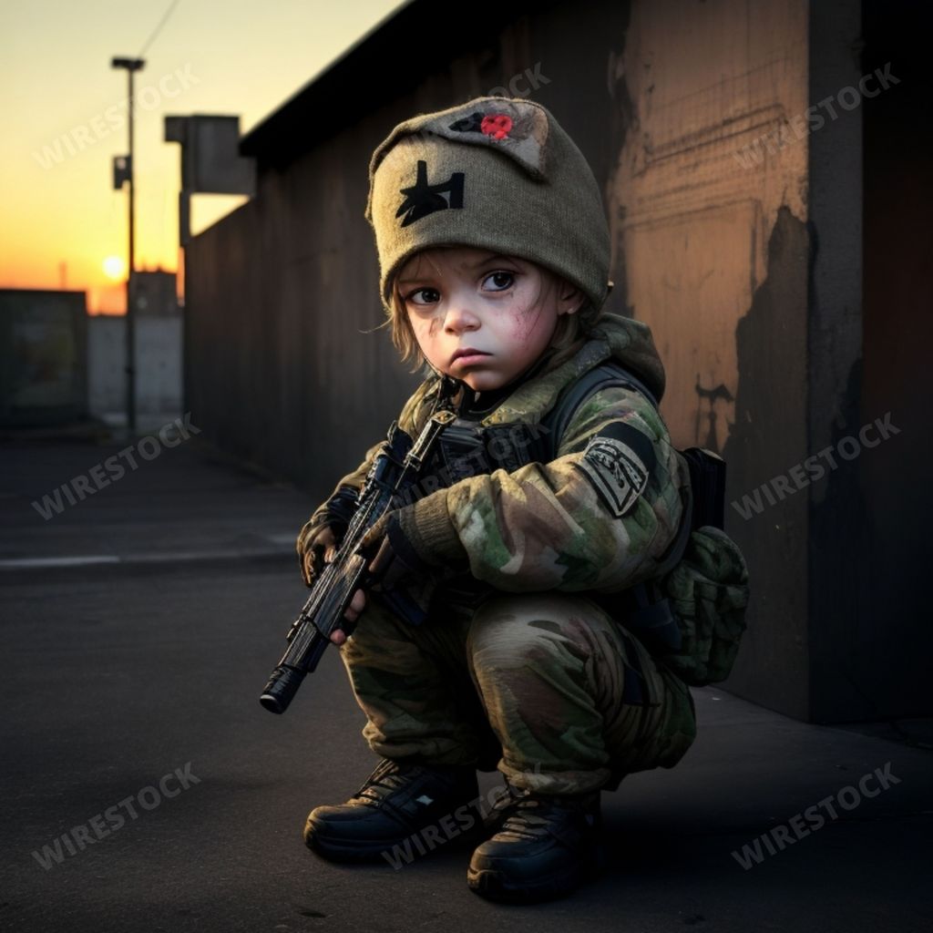 An AI illustration of An AI generated illustration of A determined military serviceman in full uniform sits on the ground, rifle in hand, ready for ac